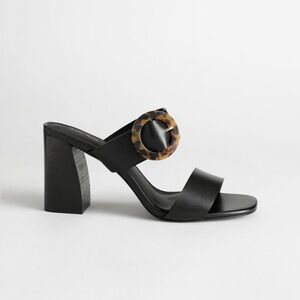 & other stories black leather block heel sandals with tortoise buckle